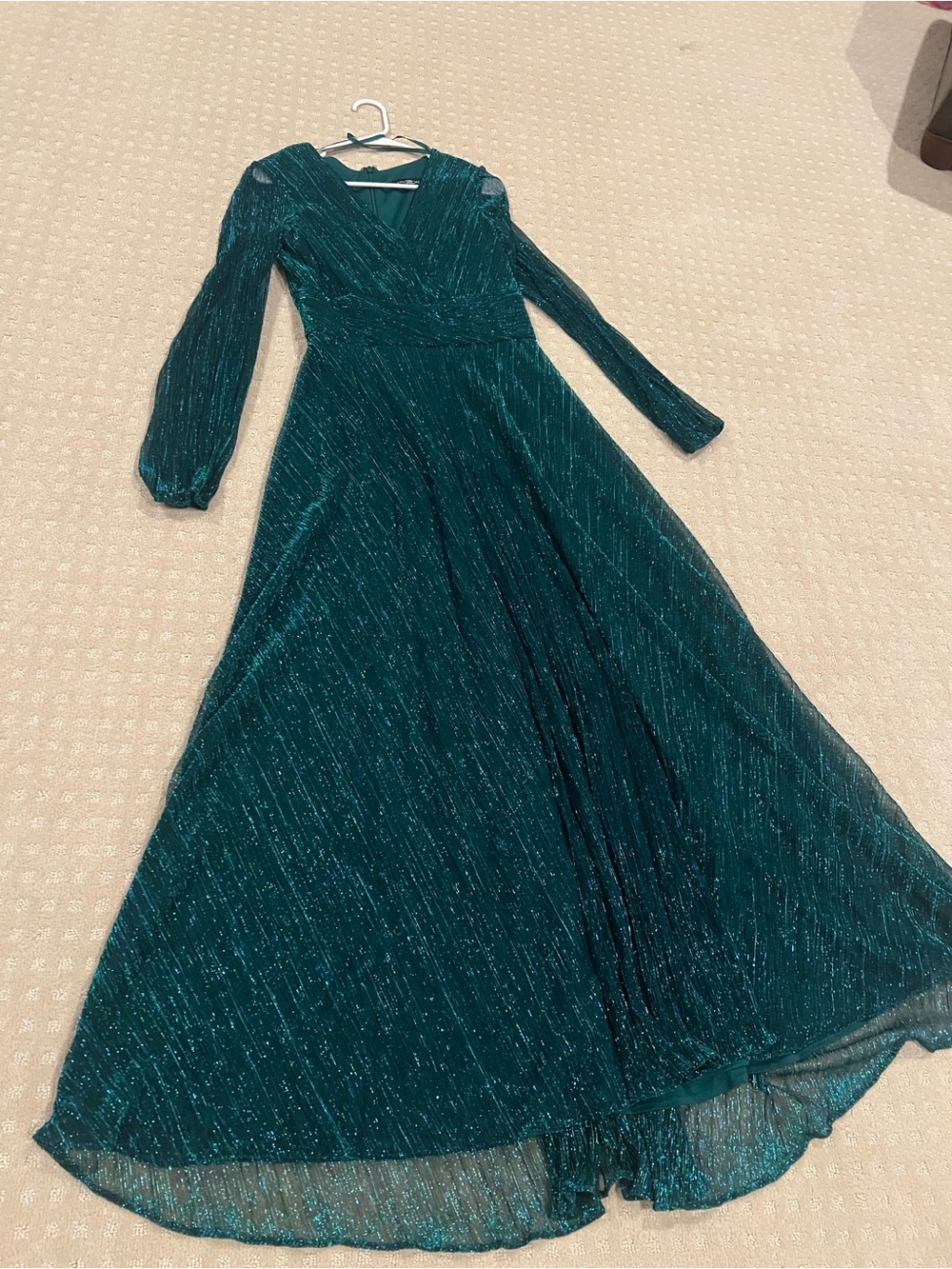 Betsy & Adam Emerald Teal Metallic Long-Sleeve Wrap Dress
